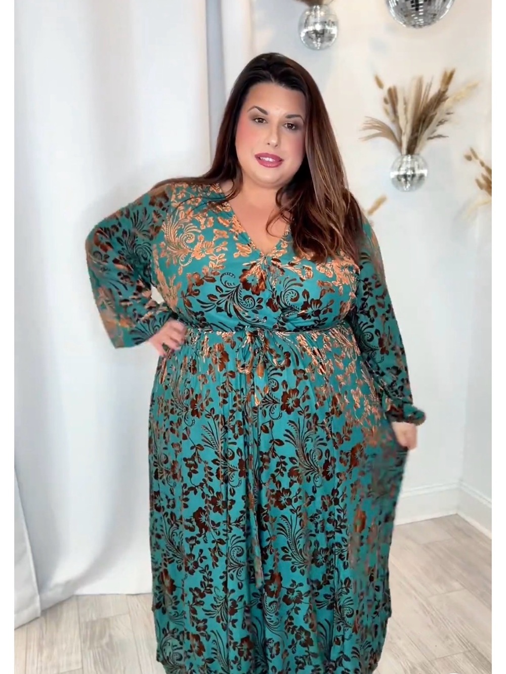 Plus Teal Maxi Dress with Laser Cut Copper  Velvet Floral Accents.